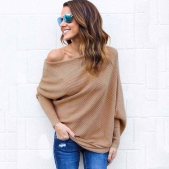 Camel Colored Off The Shoulder Sweater 